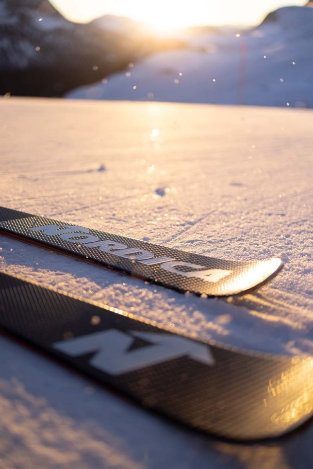 Close up of the tips of a pair of Nordica skis